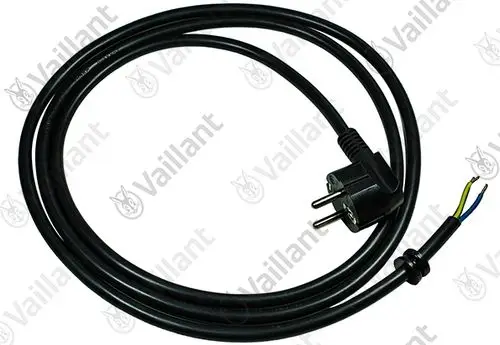 Schwarzes Anschlusskabel mit einem Stecker und drei herausführenden Drähten. Die Marke Vaillant ist deutlich sichtbar.